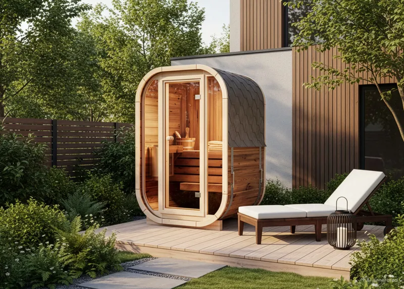 FinnTherm Fasssauna Ellipso S, elliptische Kleinsauna aus Thermoholz mit Glastür.