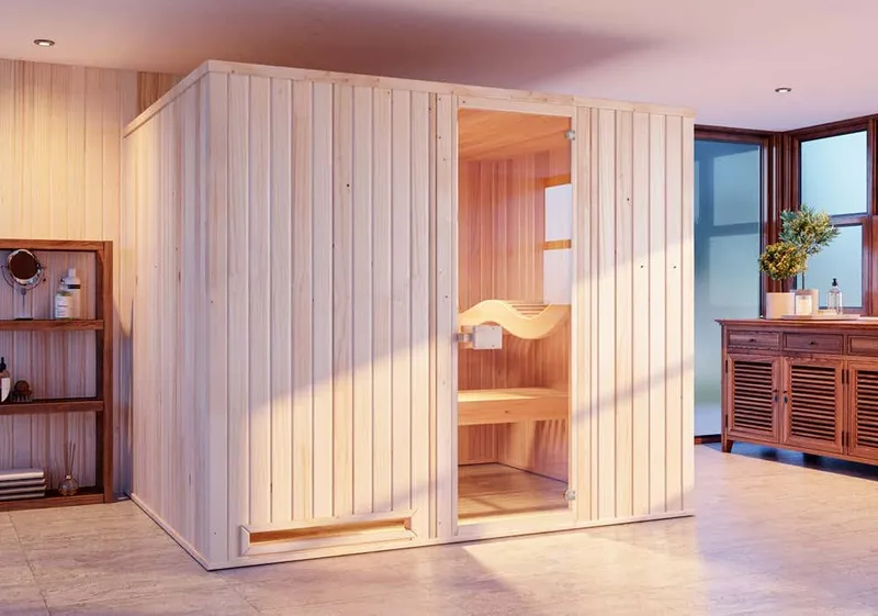 FinnTherm Innensauna Ergo Klassik mit ergonomischer Schwungliege, 3 Liegen.