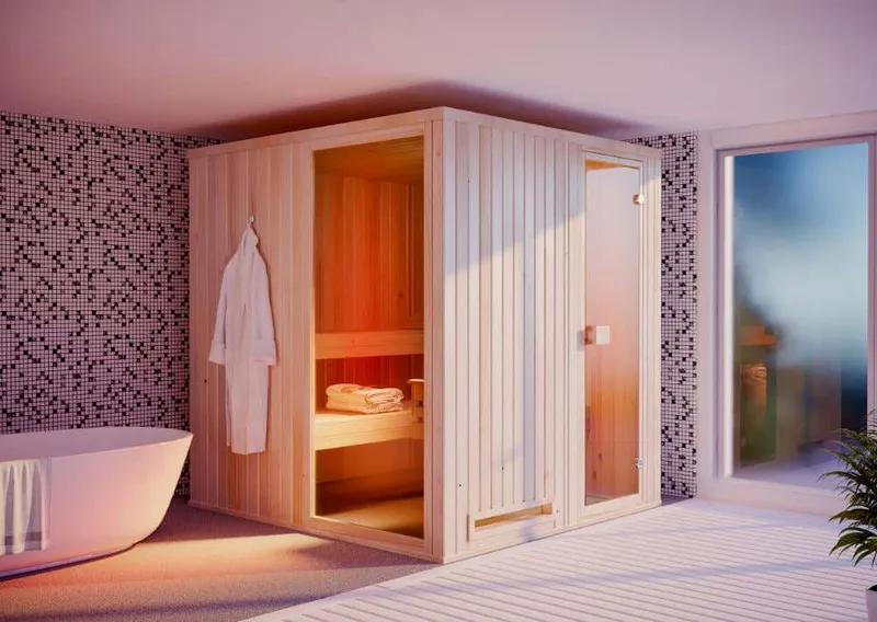FinnTherm Innensauna Miranda, Elementsauna mit Glasscheibe in der Seitenwand.