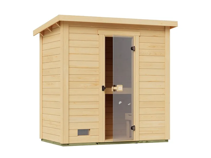 Weka Saunahaus Kaapi 1 mit Flachdach, naturbelassene Holzfassade.