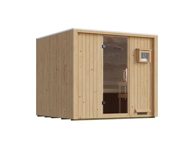 Karibu Design-Saunahaus Uppsala Blackline mit dunkler Front und Glastür.
