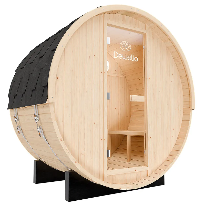 Dewello Outdoor-Fasssauna Bay 135x200, kompakte Fasssauna aus Fichtenholz für bis zu 3 Personen.