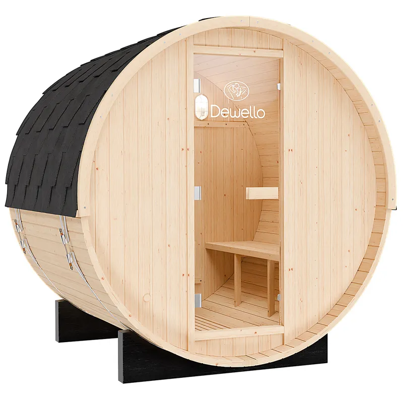 Dewello Outdoor-Fasssauna Bay 180x200, klassische Fasssauna aus Fichtenholz mit dunklem Schindeldach.