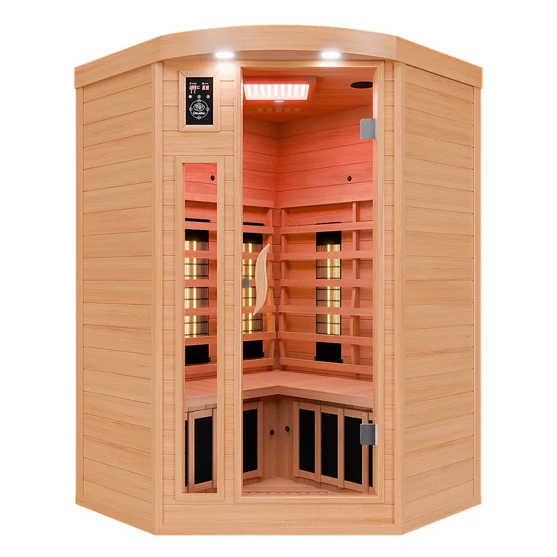 Dewello Infrarotkabine Lakefield, Eckkabine aus Hemlockholz mit Glasfront und Farblicht.