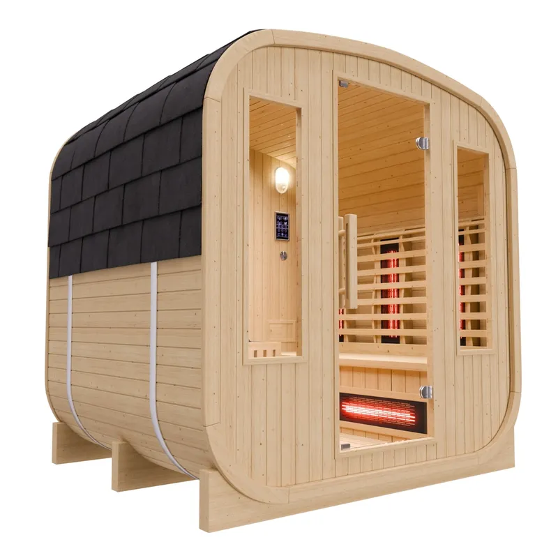 Dewello Cube Infrarot-Fasssauna Richmond, Outdoor-Kombisauna aus hellem Fichtenholz mit schwarzem Schindeldach und sichtbaren Infrarotstrahlern.
